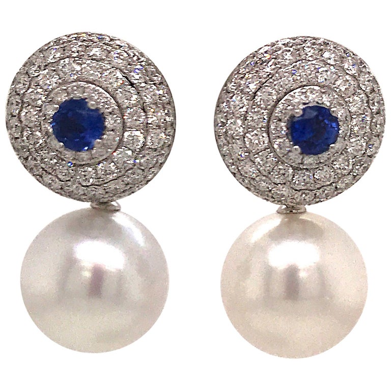 Day and Night Diamond Sapphire Pearl Drop/Stud Earrings 4.70 Carats 18K  White Gold For Sale at 1stDibs