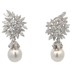 Day & Night Diamond South Sea Pearl Drop Earrings 10.24 Carats Platinum