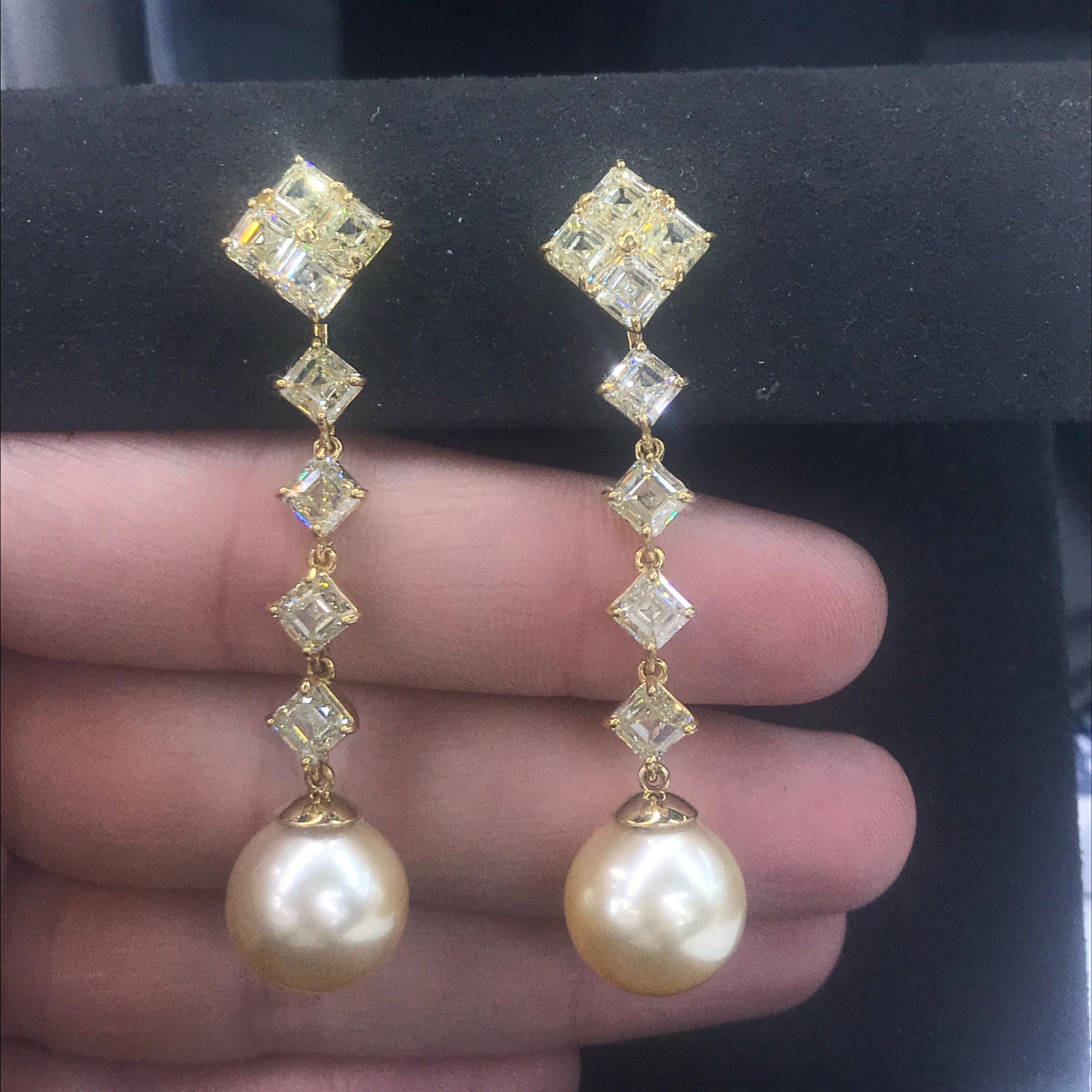 Day & Night Fancy Asscher cut Light Yellow Diamond South Sea Earrings 9.01 CTS  2