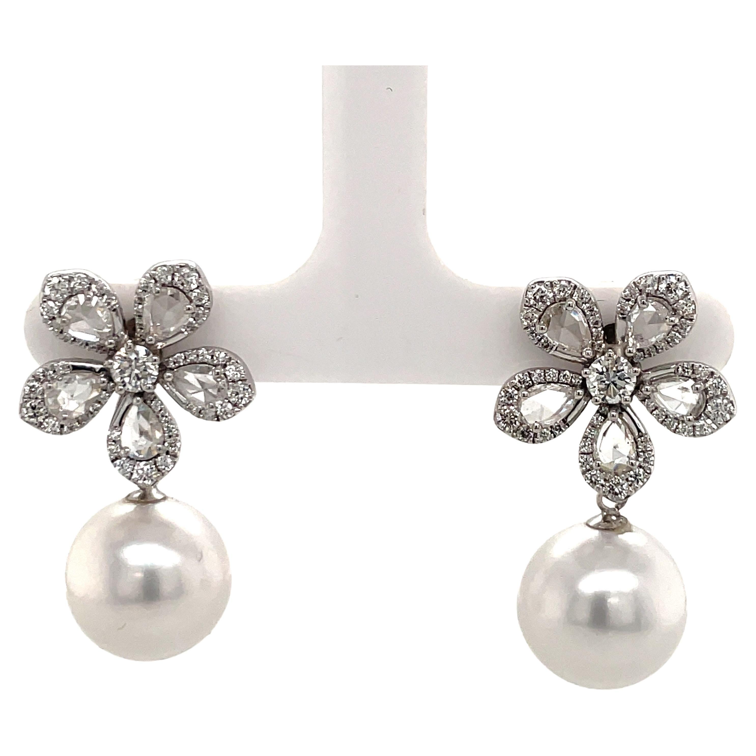 Day & Night Floral South Sea Pearl & Diamond Drop Earrings 2.60 Carats 18K