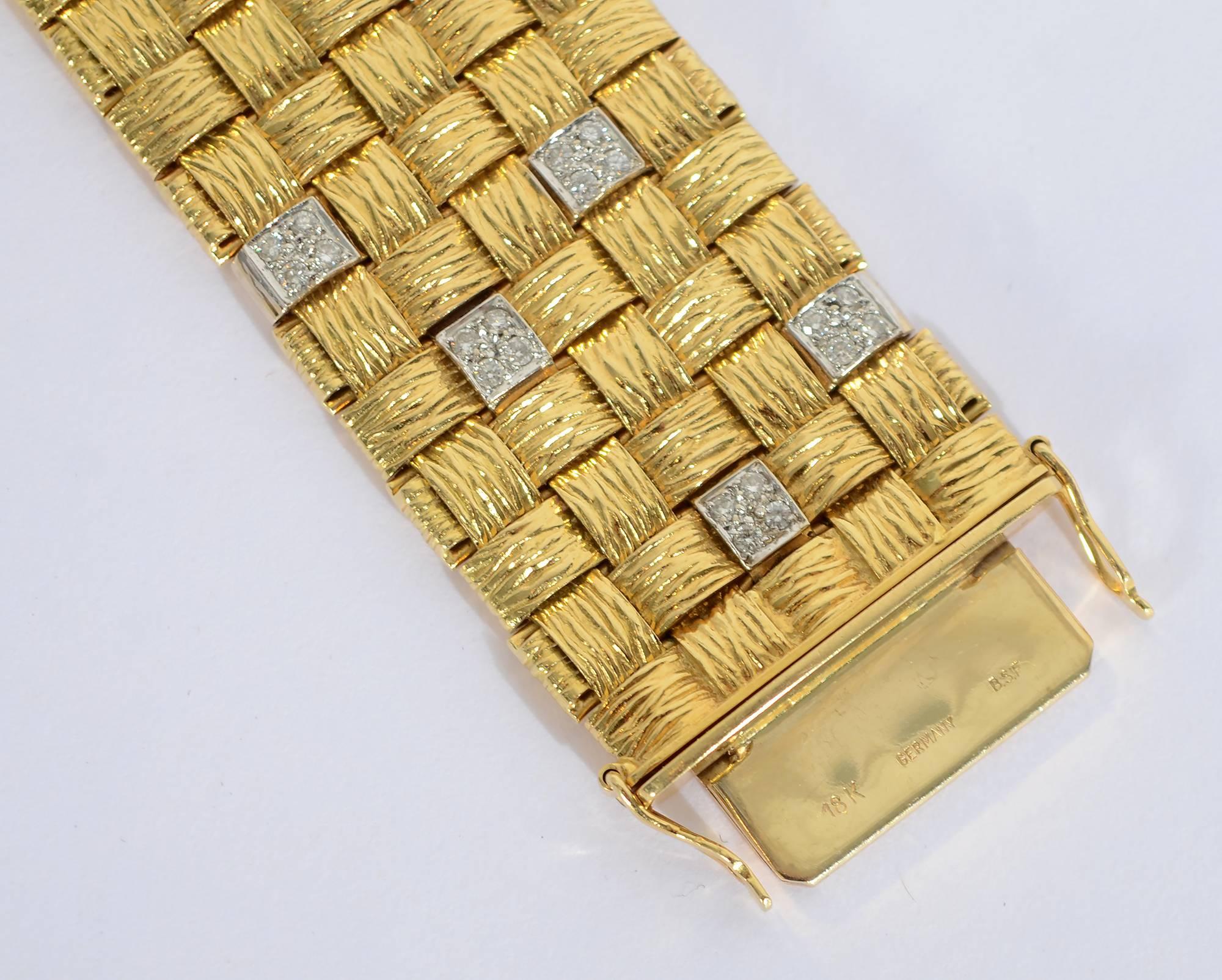 This brilliantly designed woven bracelet can be worn for evening with diamonds or on the reverse without stones for day or less dressy occasions. 
On the diamond side, each vertical strip has one square made up of four diamonds. On the reverse, the