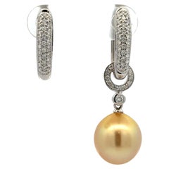 Day & Night Golden South Sea Pearl Diamond Drop Hoop Earrings 0.53 Carats 18KT