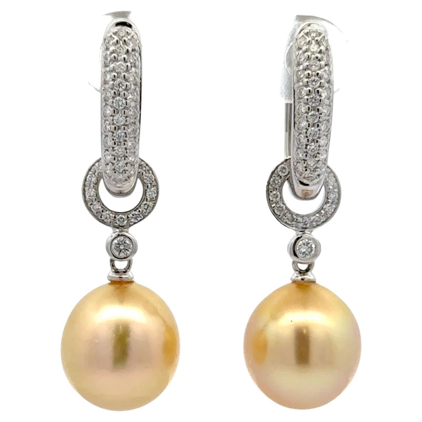 Day & Night Golden South Sea Pearl Diamond Drop Hoop Earrings 0.53 Carats 18KT
