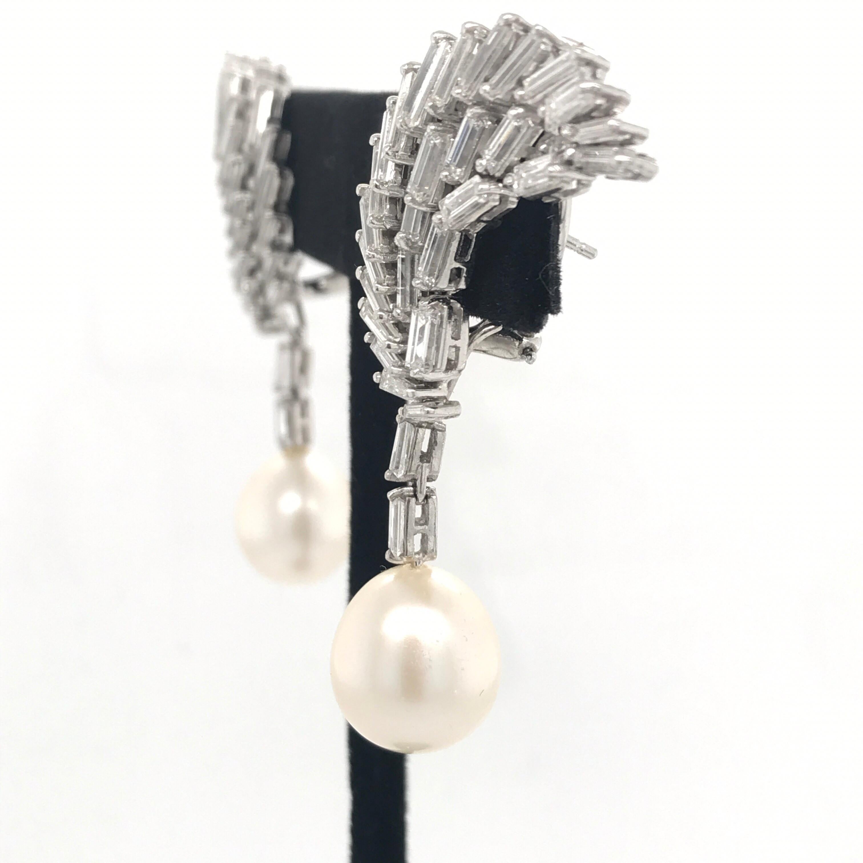 Day and Night Platinum Diamond Baguette Pearl Earrings 8 Carat Platinum 6