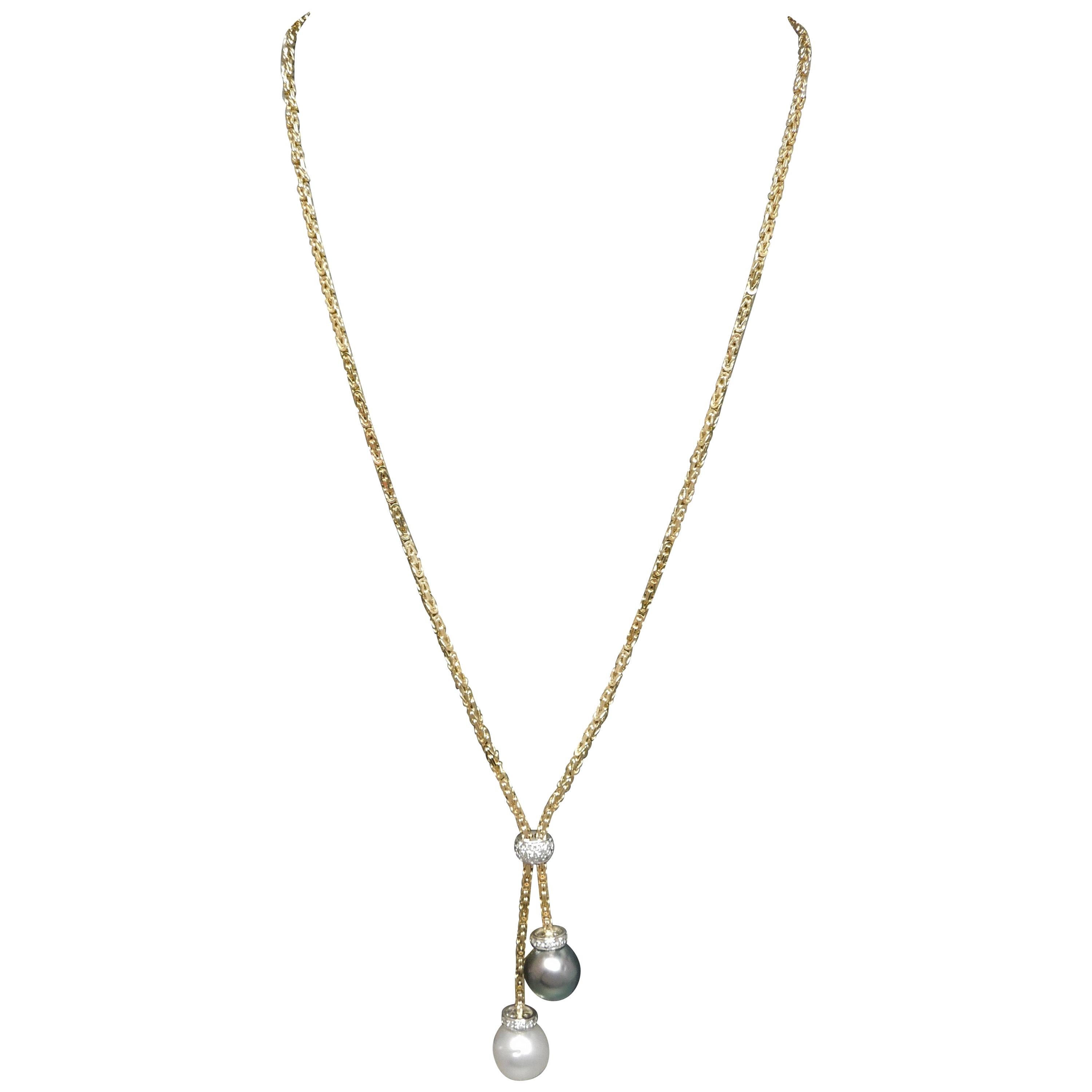 "Day & Night" South Sea Pearl 14 Karat Gold Lariat Necklace For Sale