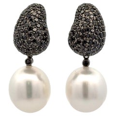 Day & Night South Sea Pearl Black Diamond Drop Earrings 2.80 Carats 13-14 MM