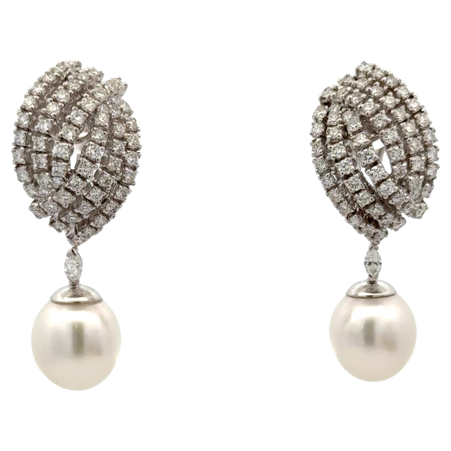 Day & Night South Sea Pearl Diamond Drop Earrings 2.61 CTS 18KT White Gold 12 MM