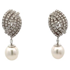 Day & Night South Sea Pearl Diamond Drop Earrings 2.61 CTS 18KT White Gold 12 MM