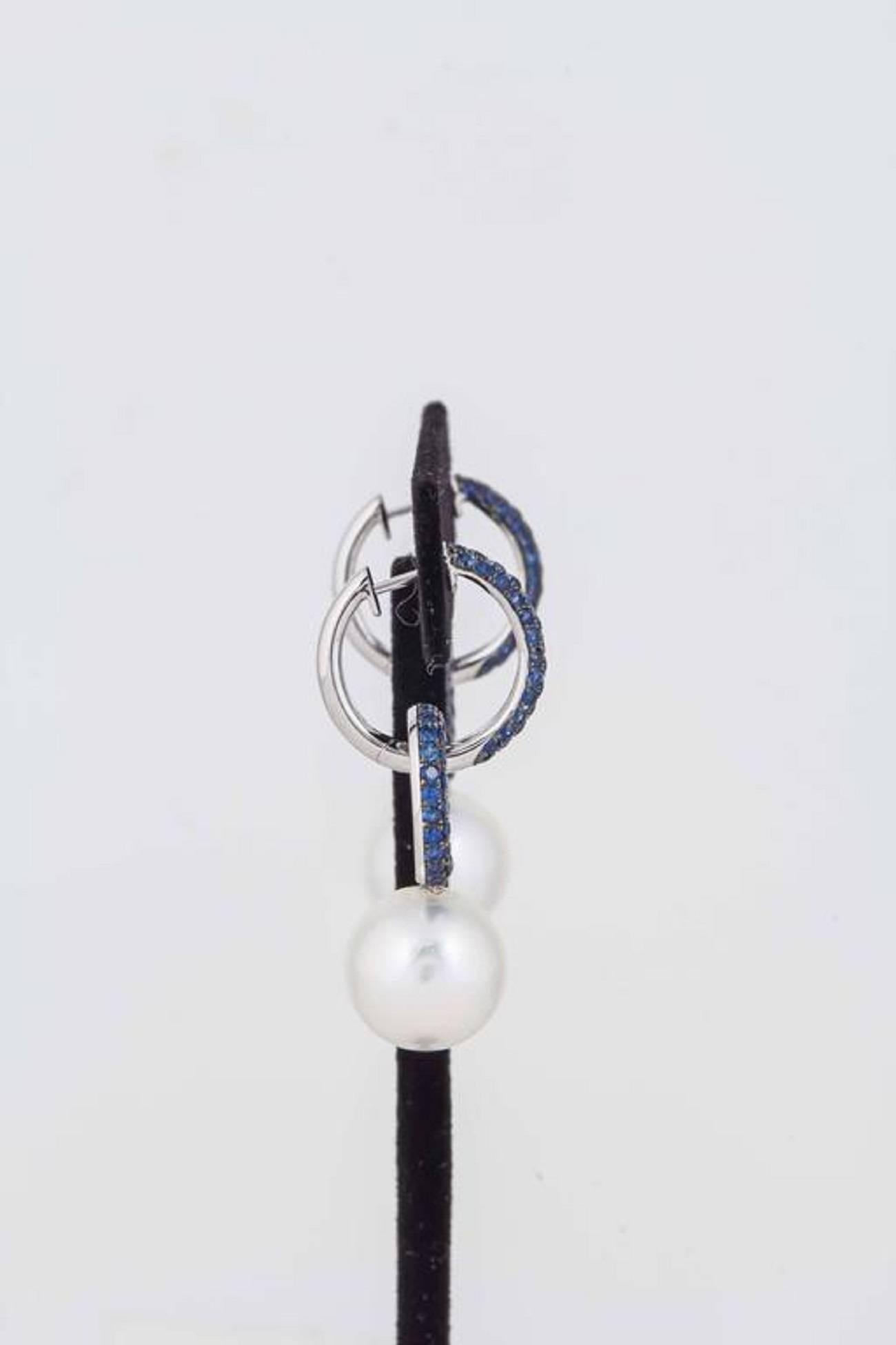 Round Cut Day & Night South Sea Pearl Sapphire Hoop Earrings 2.80 Carats 12-13 MM 18KT For Sale