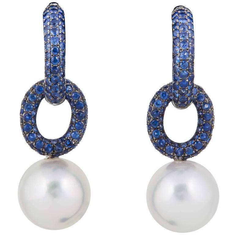 Day & Night South Sea Pearl Sapphire Hoop Earrings 2.80 Carats 12-13 MM 18KT