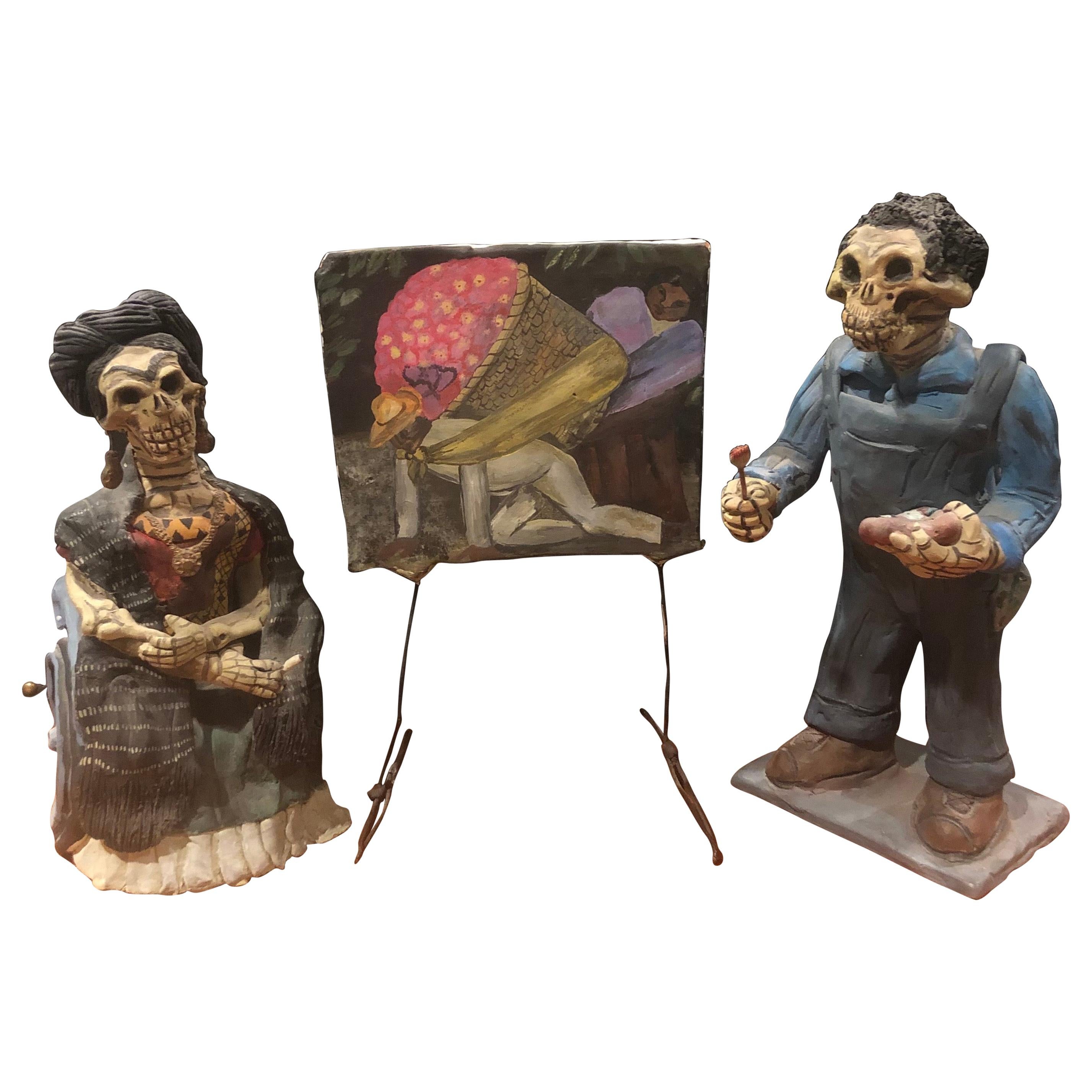 "Day of the Dead" Three-Piece Sculpture of Kahlo & Rivera by Demetrio Aguliar For Sale