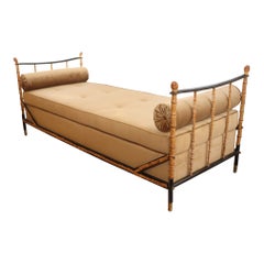 Daybed Bamboo and Black Stitched Leather attributed to Jacques Adnet