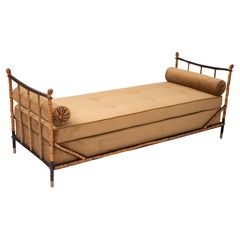 Daybed Bamboo and Black Stitched Leather attributed to Jacques Adnet