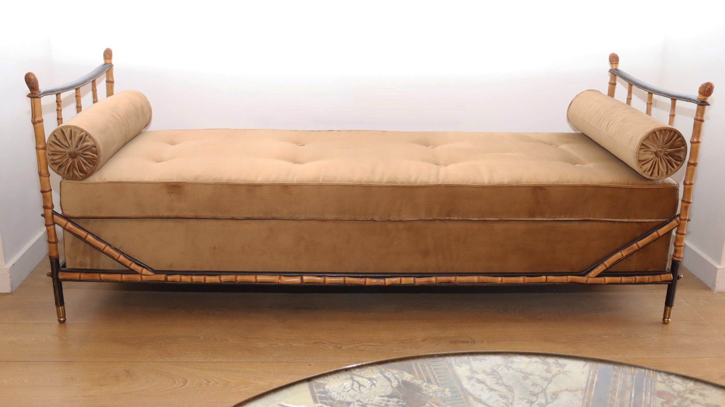Daybed bamboo and black stitched leather by Jacques Adnet
France circa 1950
Very rare example to be found, newly upholstered with a gilded velvet
Excellent condition, wear consistent with age and use
Available to view in-situ in our Miami gallery