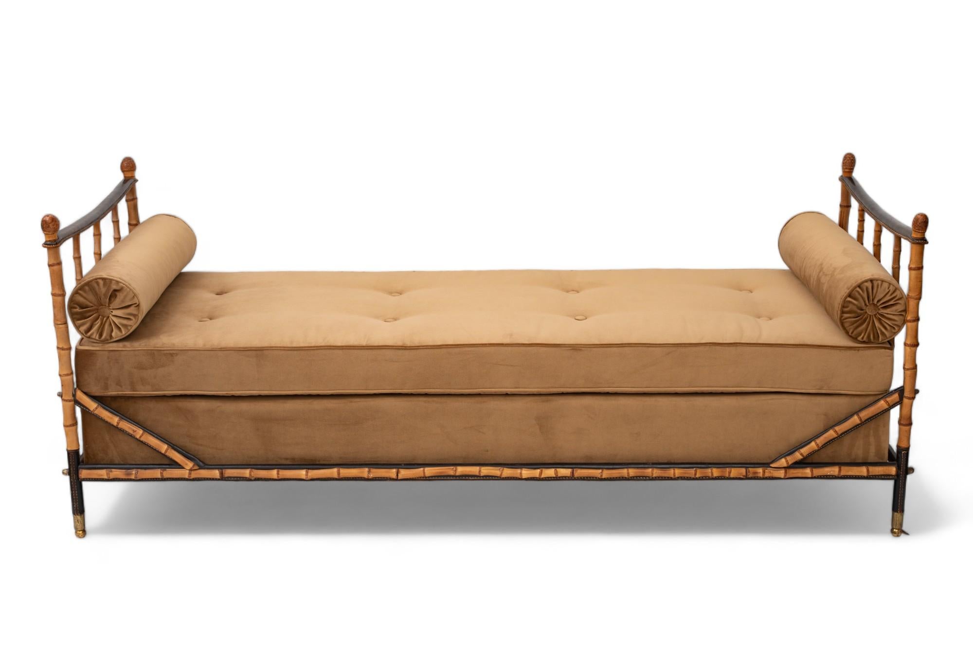 Mid-Century Modern Daybed Bamboo and Black Stitched Leather by Jacques Adnet For Sale
