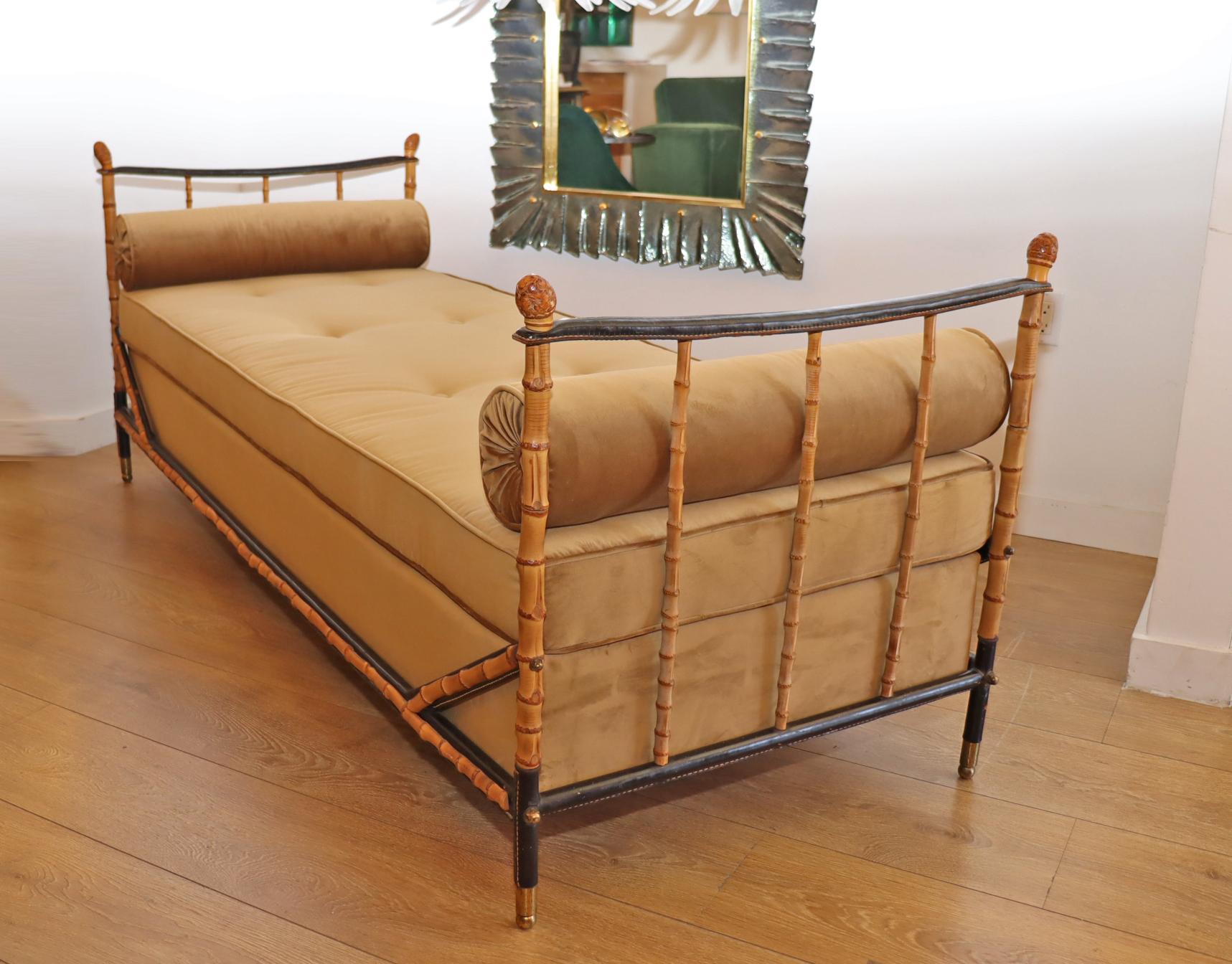 Daybed Bamboo and Black Stitched Leather by Jacques Adnet In Excellent Condition For Sale In Miami, FL