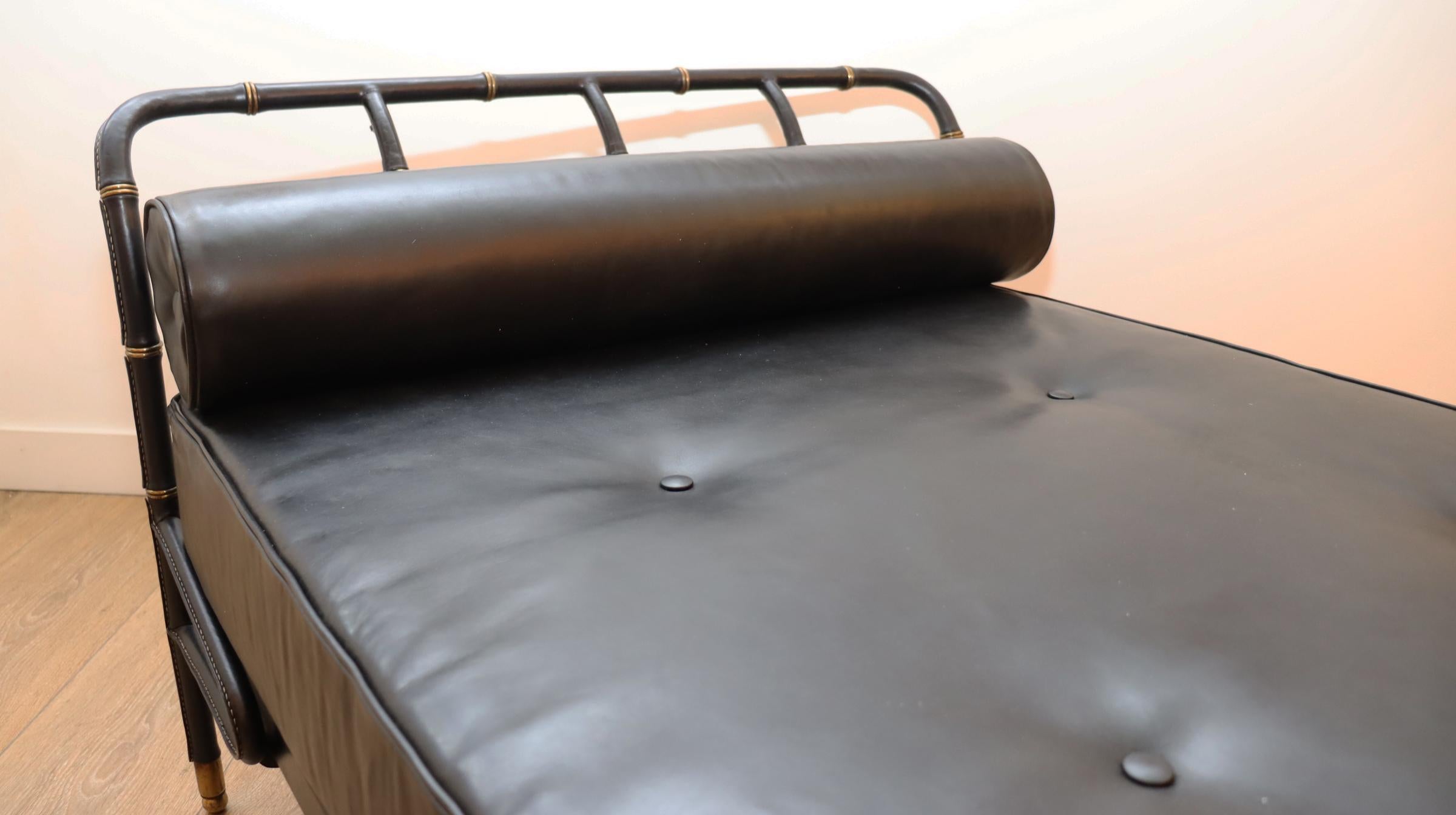 Daybed by Jacques Adnet Black Stitched Leather and Brass, France 1950 For Sale 4