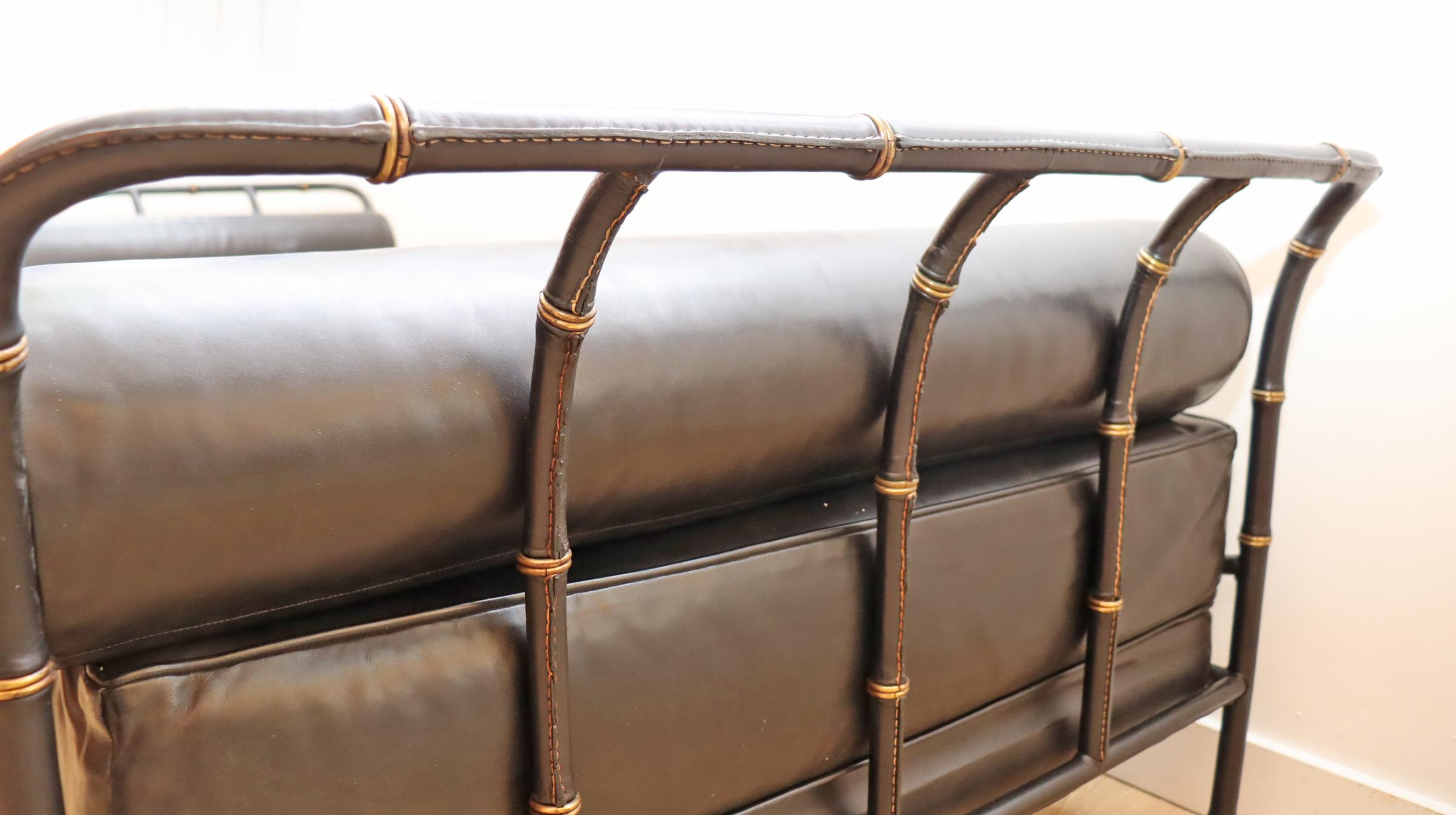 French Daybed by Jacques Adnet Black Stitched Leather and Brass, France 1950 For Sale