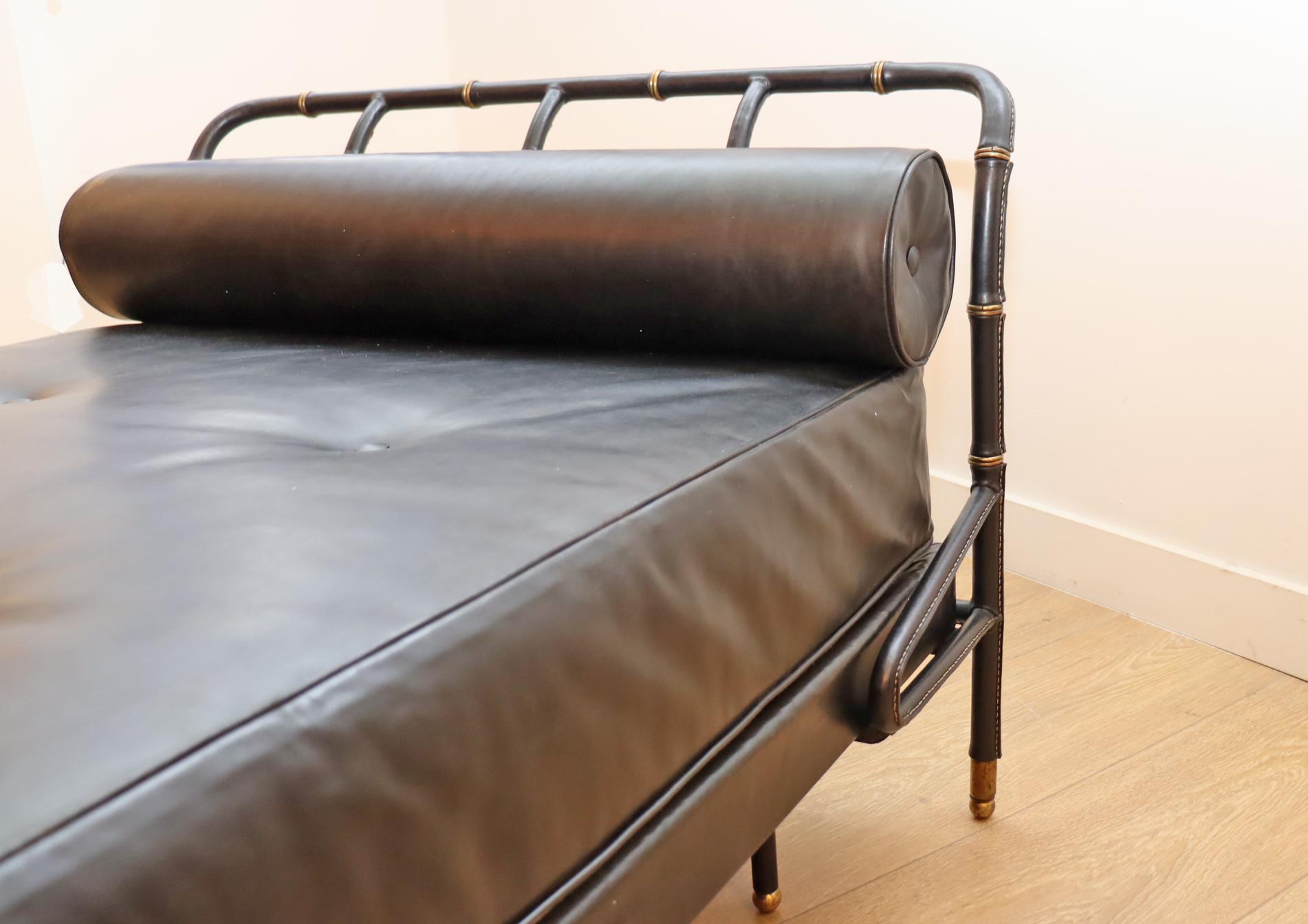Daybed by Jacques Adnet Black Stitched Leather and Brass, France 1950 For Sale 1