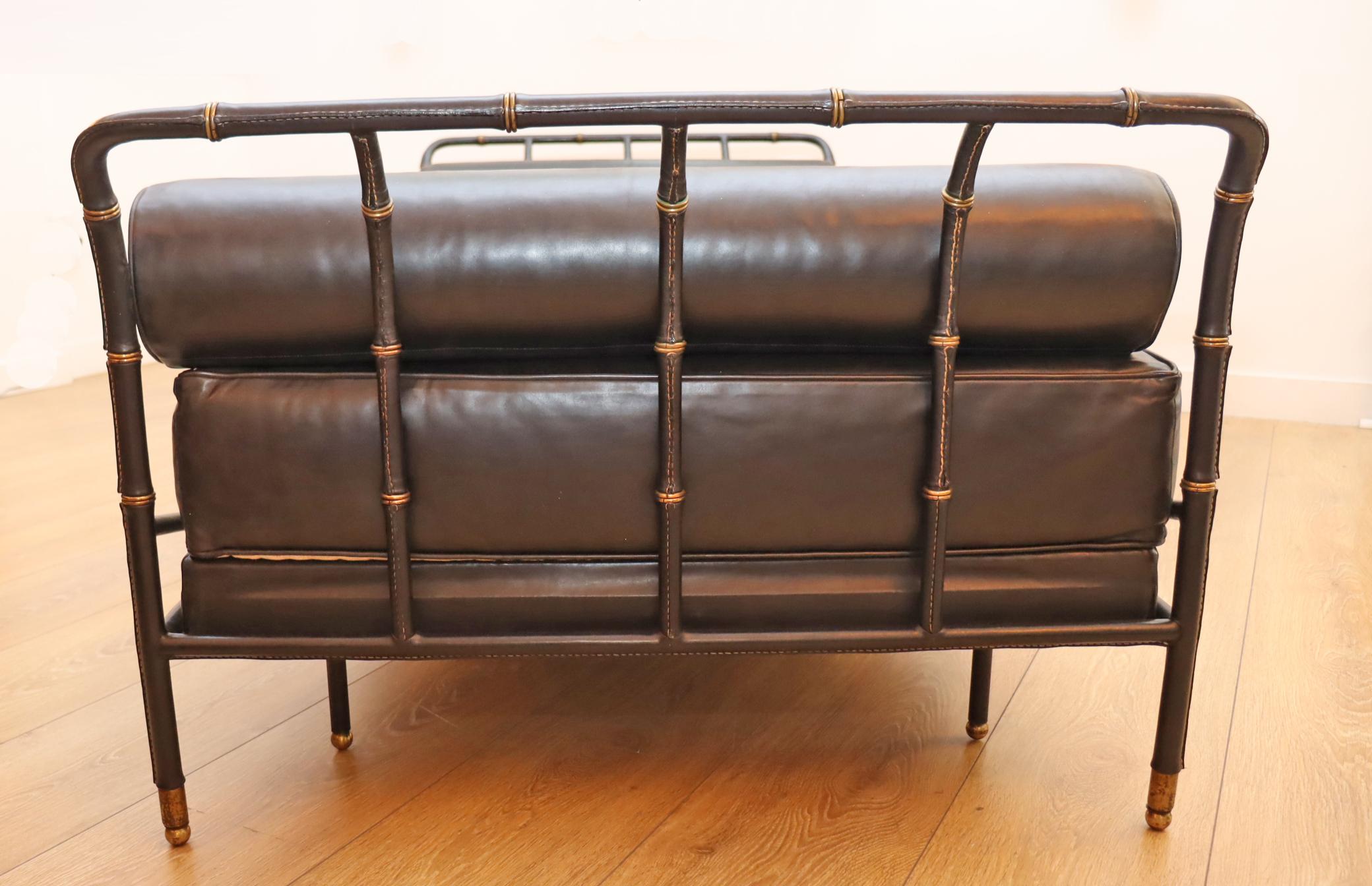 Daybed by Jacques Adnet Black Stitched Leather and Brass, France 1950 For Sale 2
