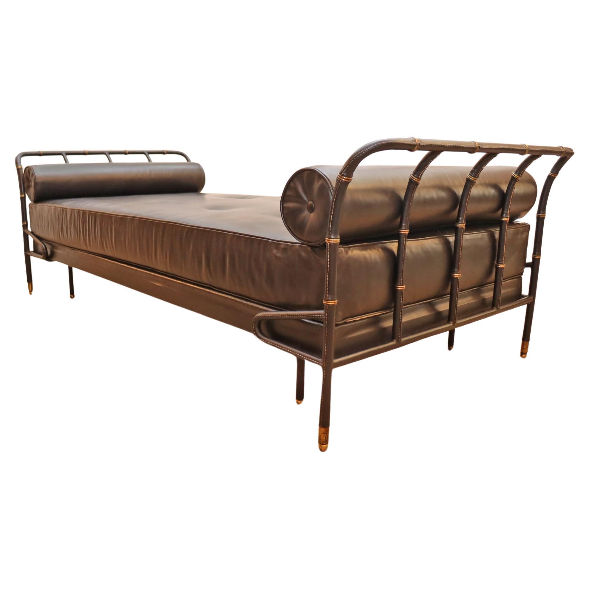 Daybed by Jacques Adnet Black Stitched Leather and Brass, France 1950 For Sale