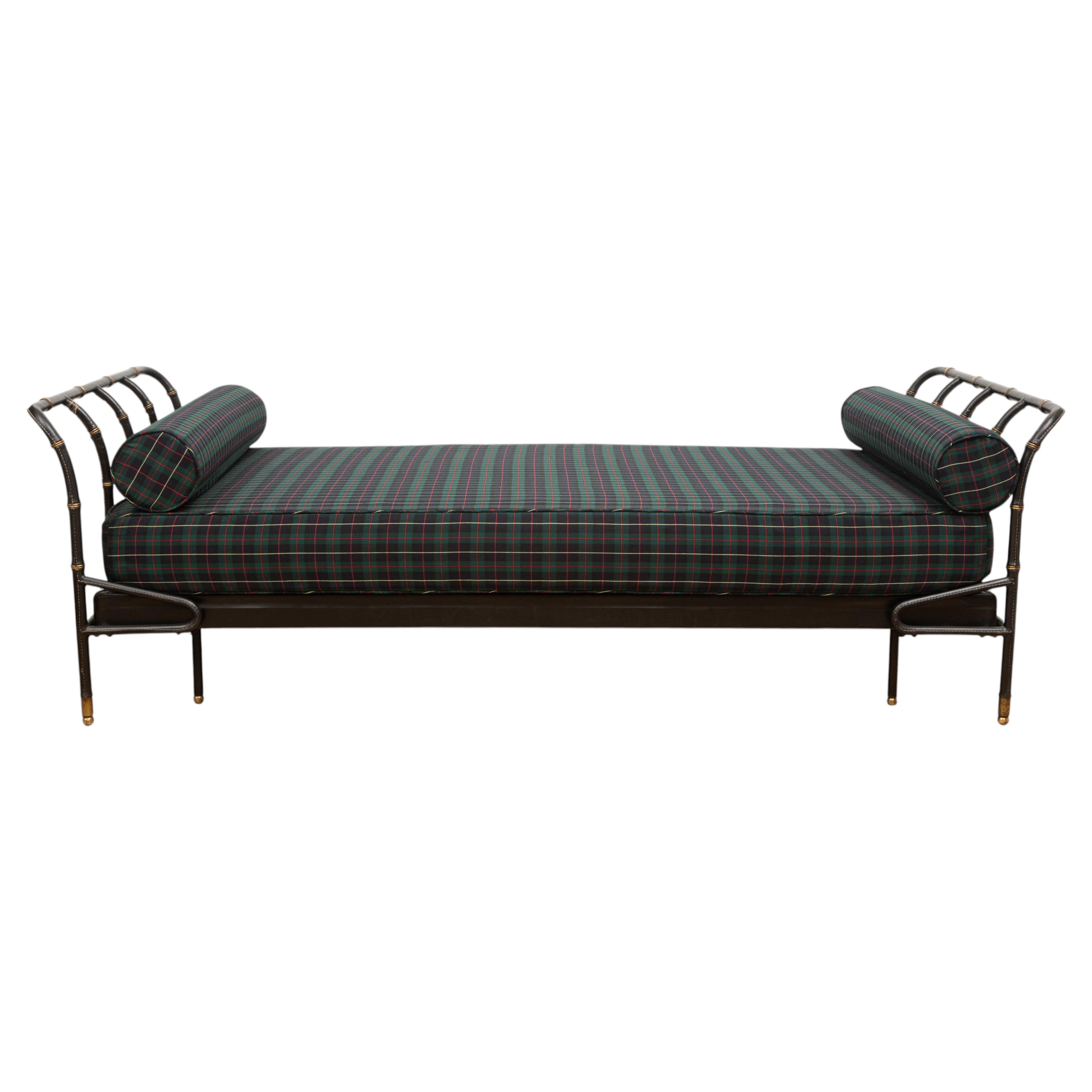 Daybed by Jacques Adnet Black Stitched Leather and Brass, France 1950