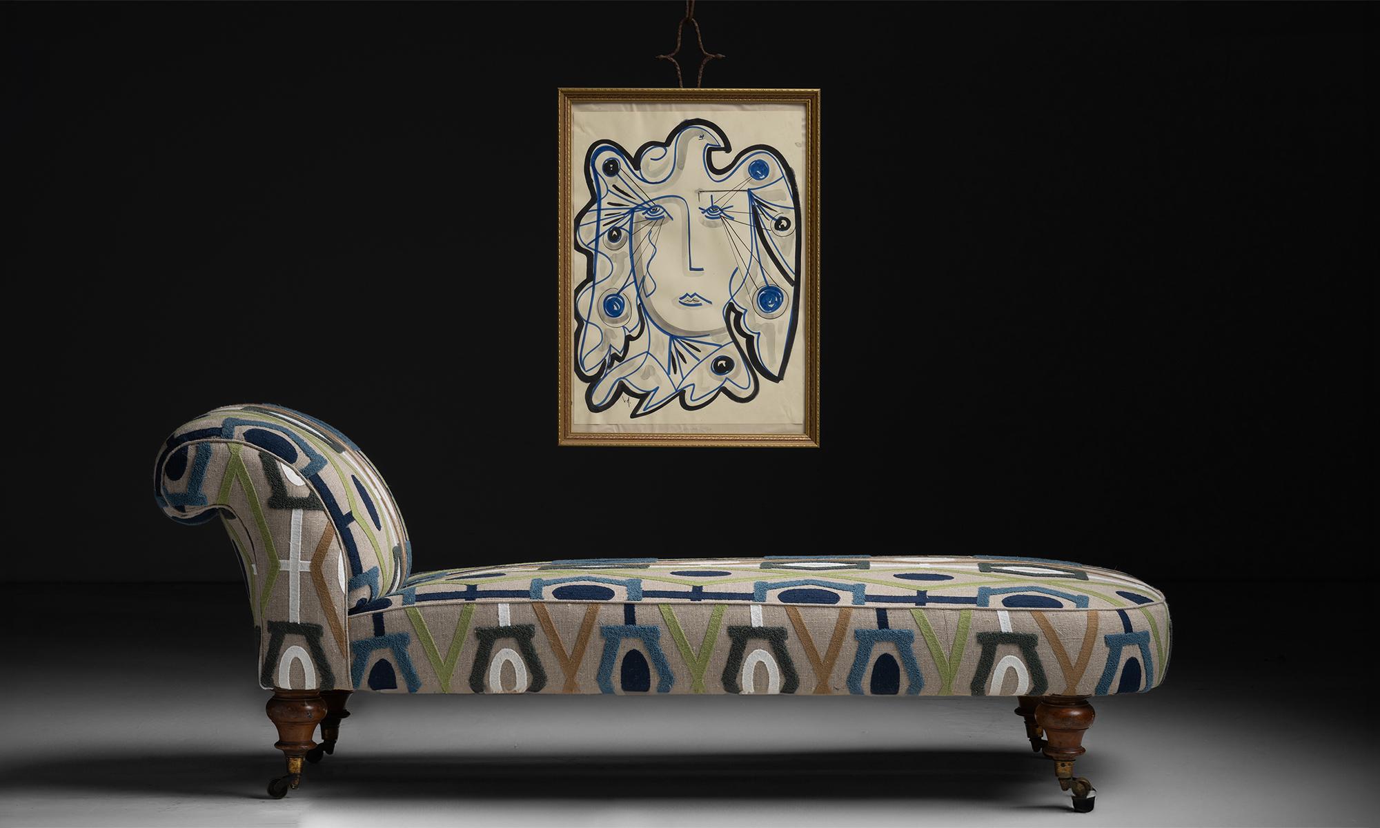 Daybed in Embroidered Linen by Pierre Frey, England circa 1900 1