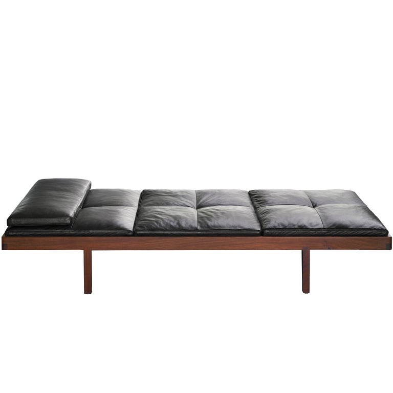 Daybed in Solid Wood Frame and Premium Cushion in Black Leather, Bassam