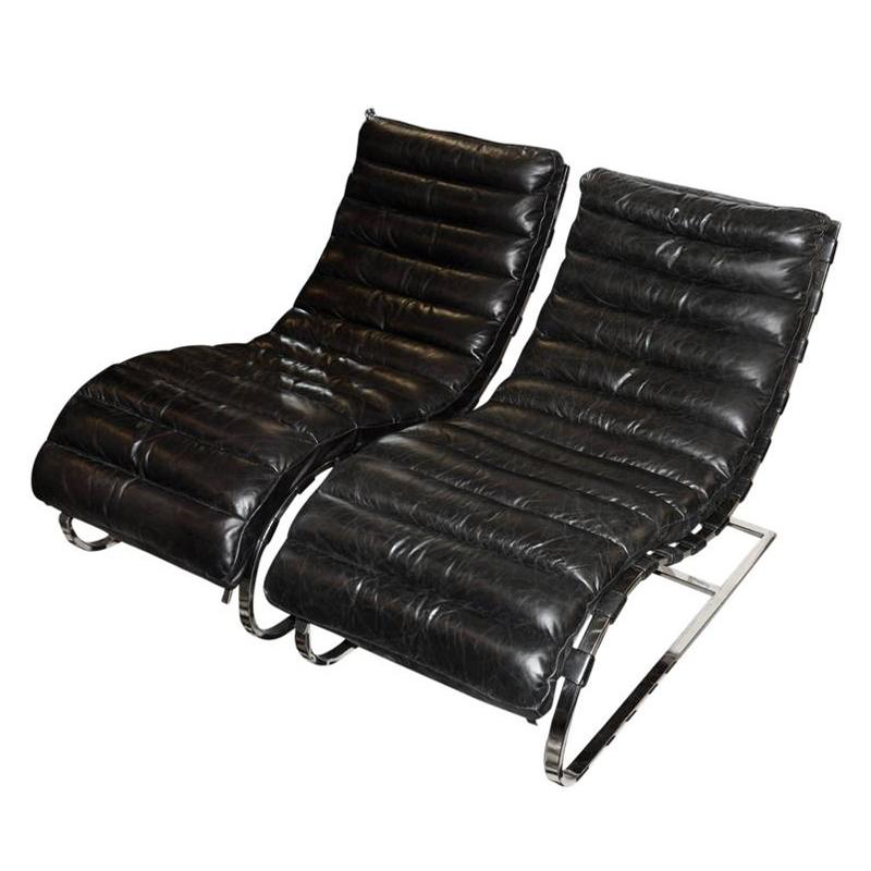 Lounge Set of 2 Daybed in Black or Brown Genuine Leather For Sale