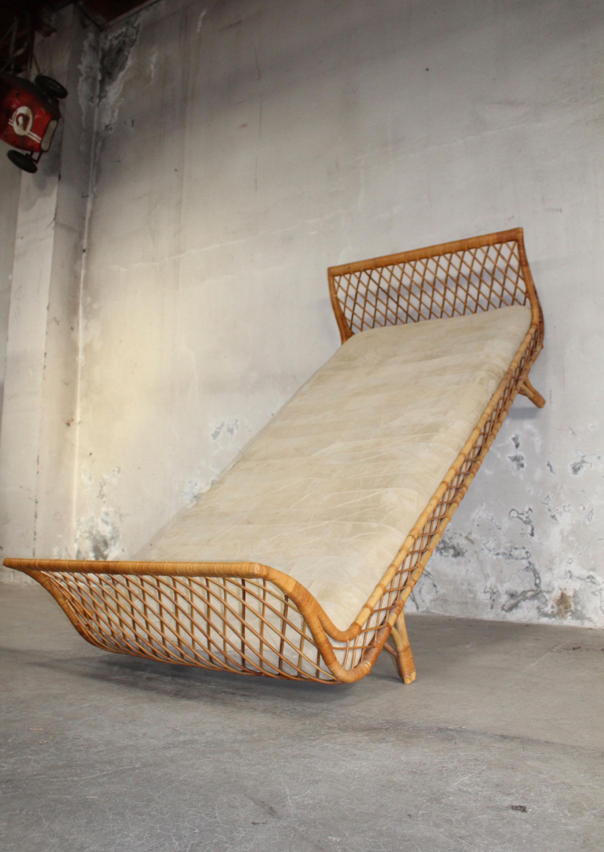 Mid-Century Modern Daybed Rattan and Velvet Calf in the Spirit of Jean Royere