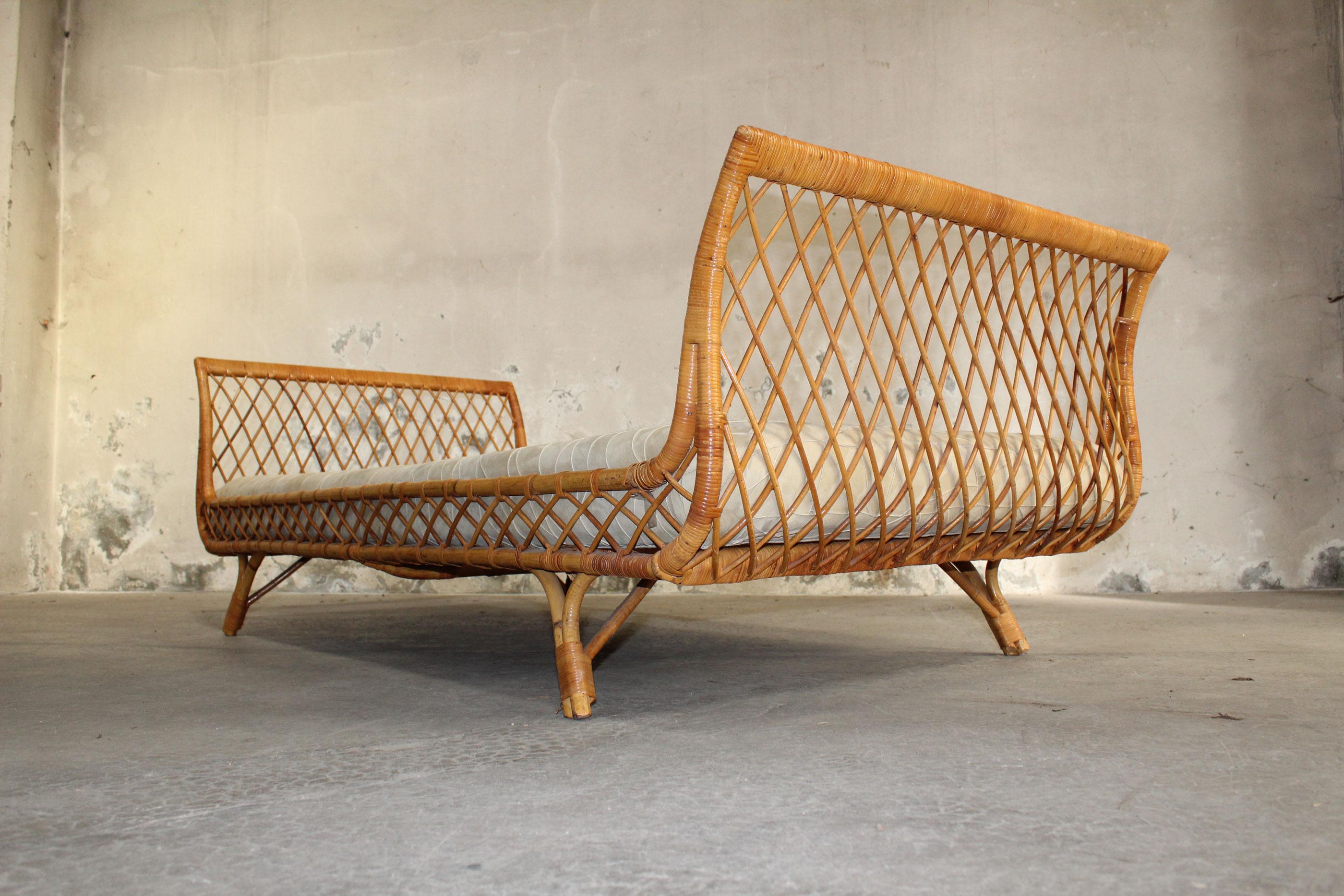 French Daybed Rattan and Velvet Calf in the Spirit of Jean Royere
