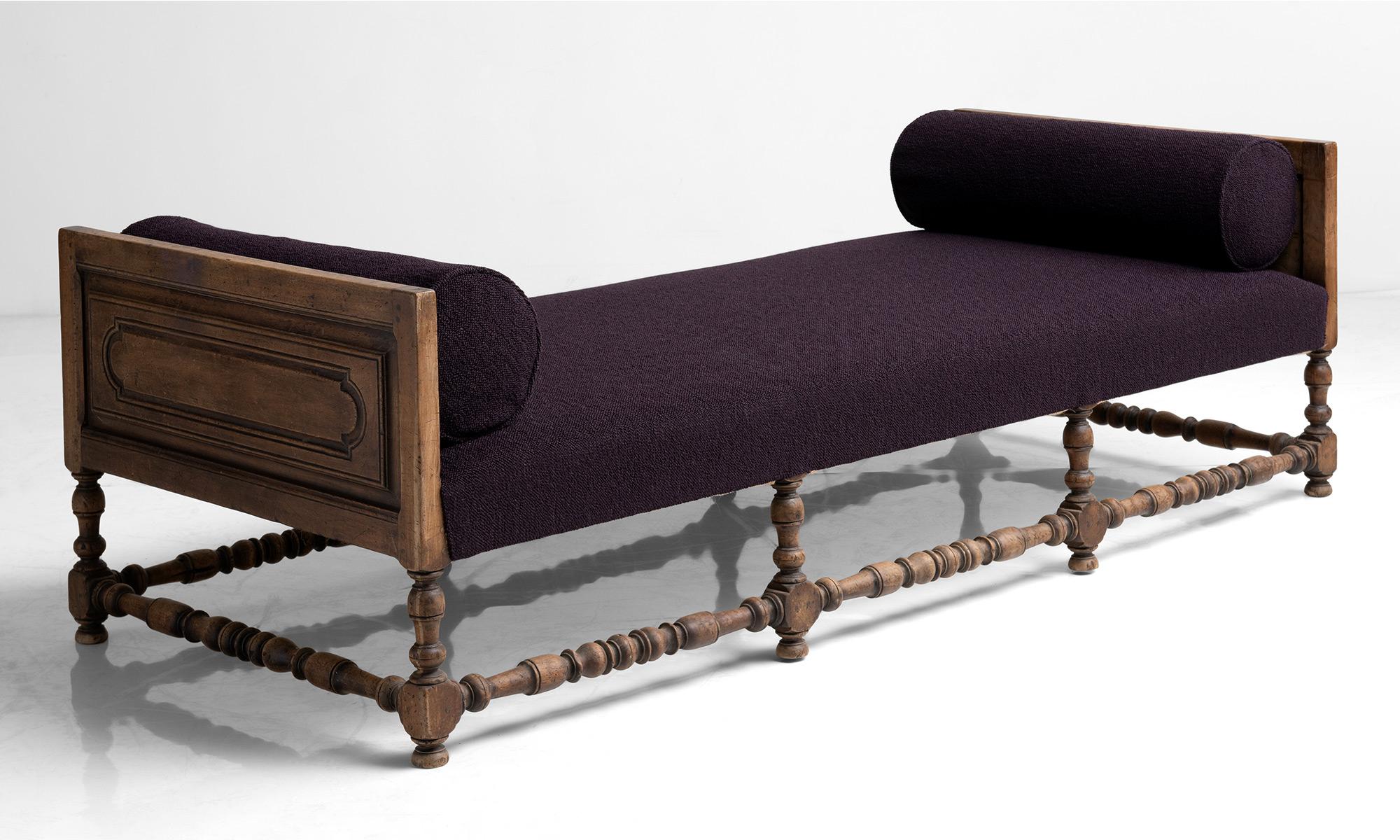 Daybed with carved walnut frame in textured wool blend by Maharam

France circa 1890

Newly upholstered in Maharam blend with carved framed, turned legs and stretchers.

79.75”L x 34.25”D x 24.5”H x 16”seat.