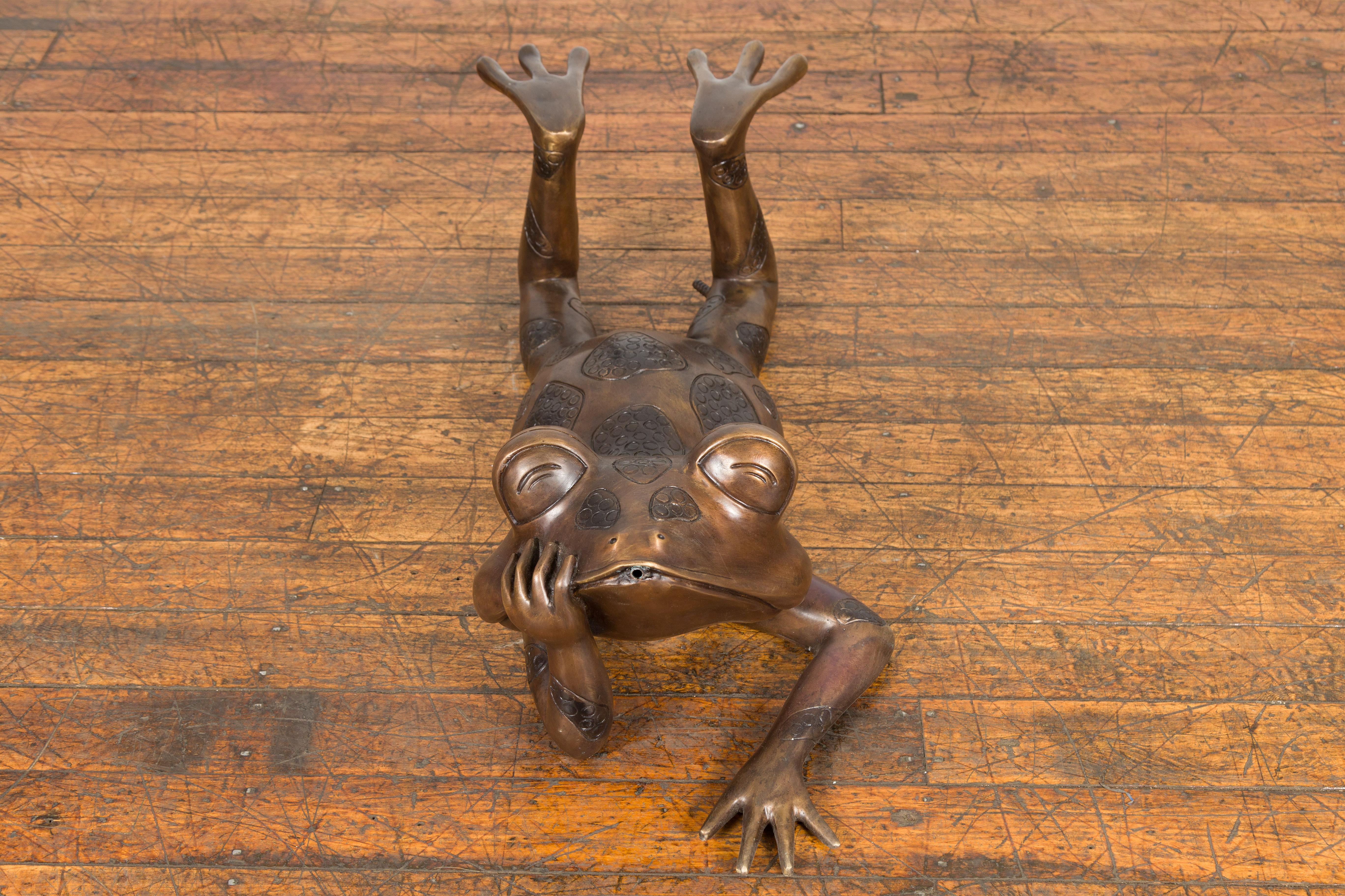 Daydreaming Frog Bronze Sculpture with Golden Patina, Tubed as a Fountain For Sale 8