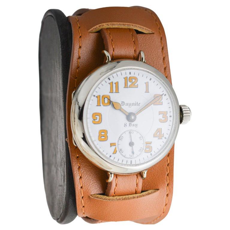 Art Deco Daynite Nickel 8 Day Campaign Style Military Watch with Original Kiln Fired Dial For Sale