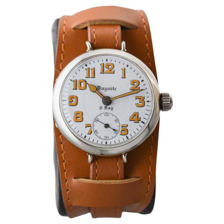 Daynite Nickel 8 Day Campaign Style Military Watch with Original Kiln Fired Dial In Excellent Condition For Sale In Long Beach, CA