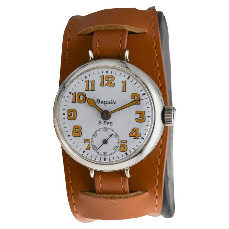 Women's or Men's Daynite Nickel 8 Day Campaign Style Military Watch with Original Kiln Fired Dial For Sale