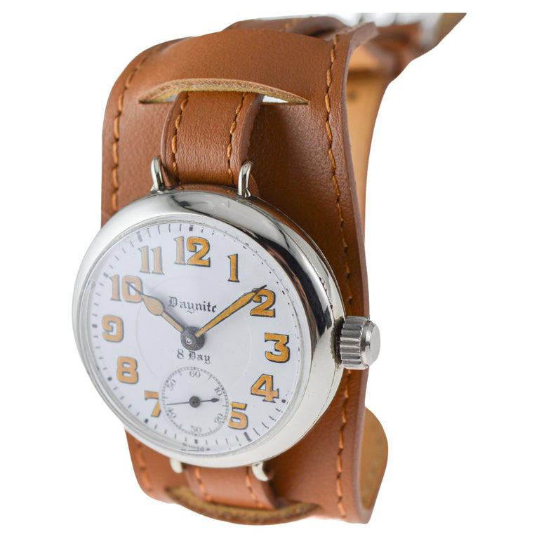 Daynite Nickel 8 Day Campaign Style Military Watch with Original Kiln Fired Dial For Sale 3