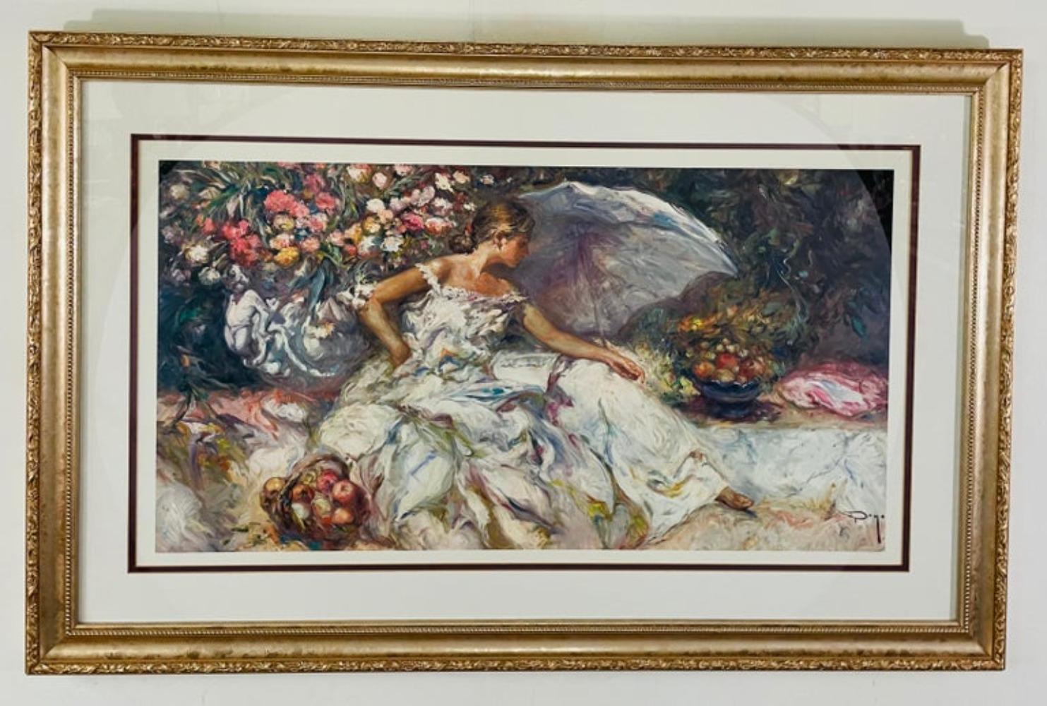 Vintage Portrait of a Woman in a Garden Print Signed Dayo For Sale 1