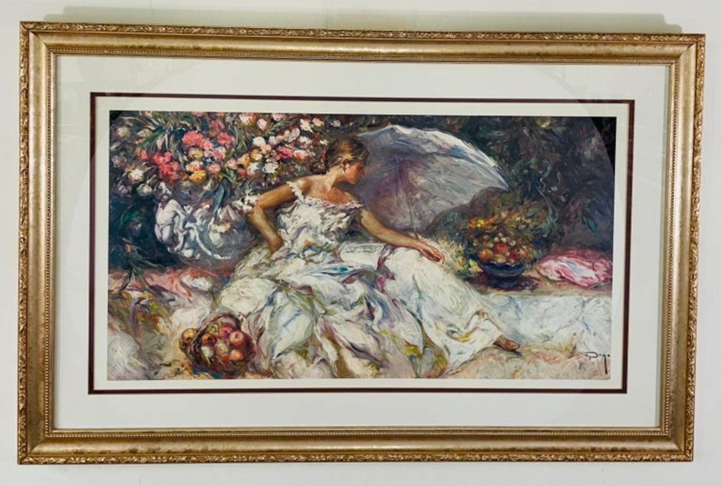 Retrato vintage de una mujer en un jardín Impresión firmada Dayo en venta 1