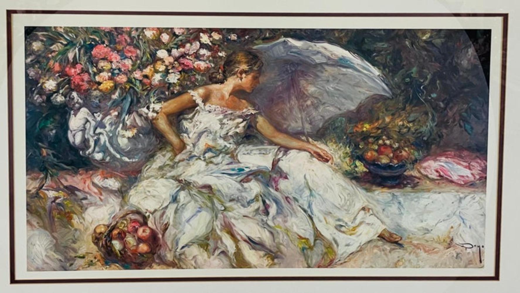 Vintage Portrait of a Woman in a Garden Print Signed Dayo For Sale 2