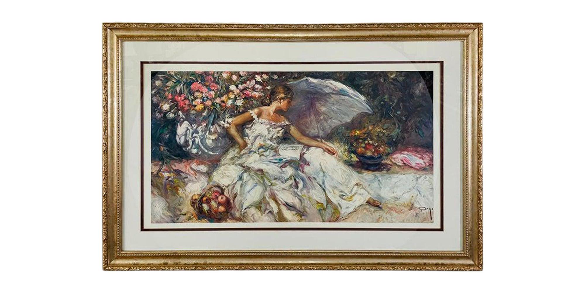 A beautiful print portraying a woman wearing a white dress and reading a book in a garden. The print is finely matted in while and custom farmed in a hand carved gilded wooden frame. The print is signed by artist Dayo. 

Dimensions: 43.75" W x 1.25"