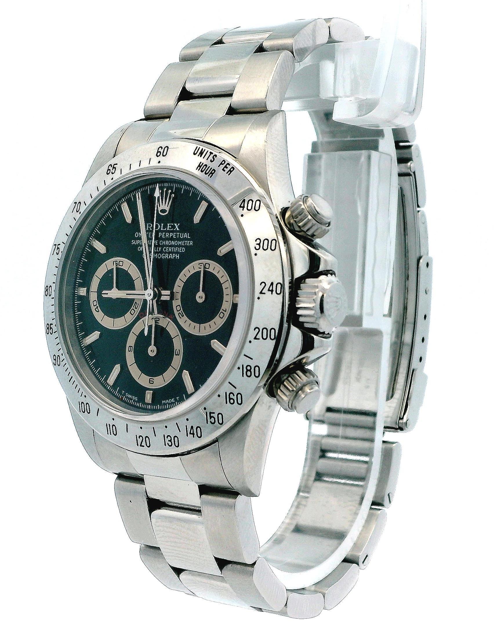 Rolex Oyster Perpetual Daytona 16520 Herrenuhr. Diese Uhr verfügt über ein 40-mm-Edelstahlgehäuse mit einer tachymetrischen Lünette aus Edelstahl. Sie ist mit einem schwarzen Patrizzi-Zifferblatt ausgestattet und verfügt über drei