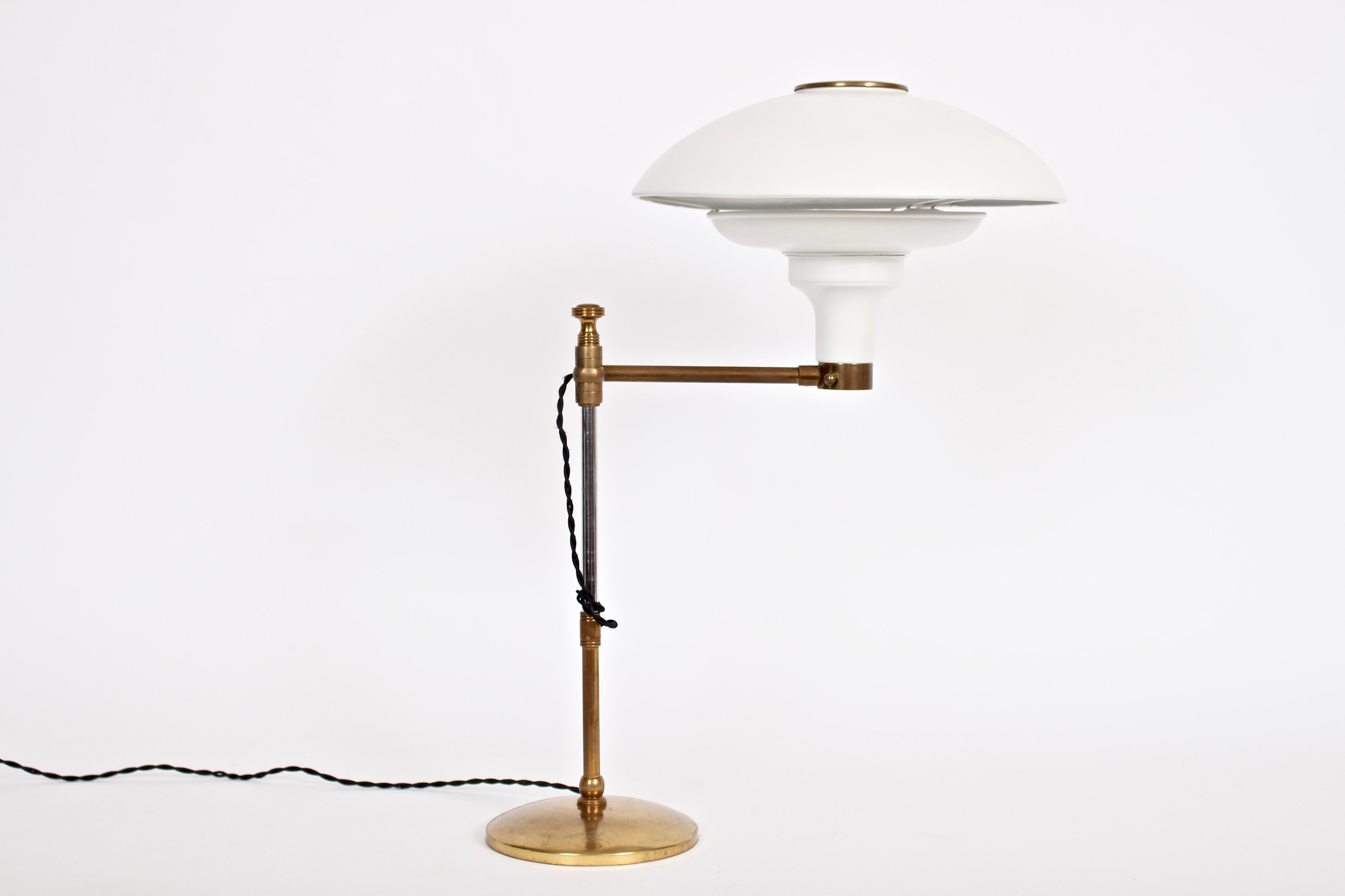 Mid-20th Century Dazor Swing Arm Brass Desk Lamp with White Reflector Shade, 1940s
