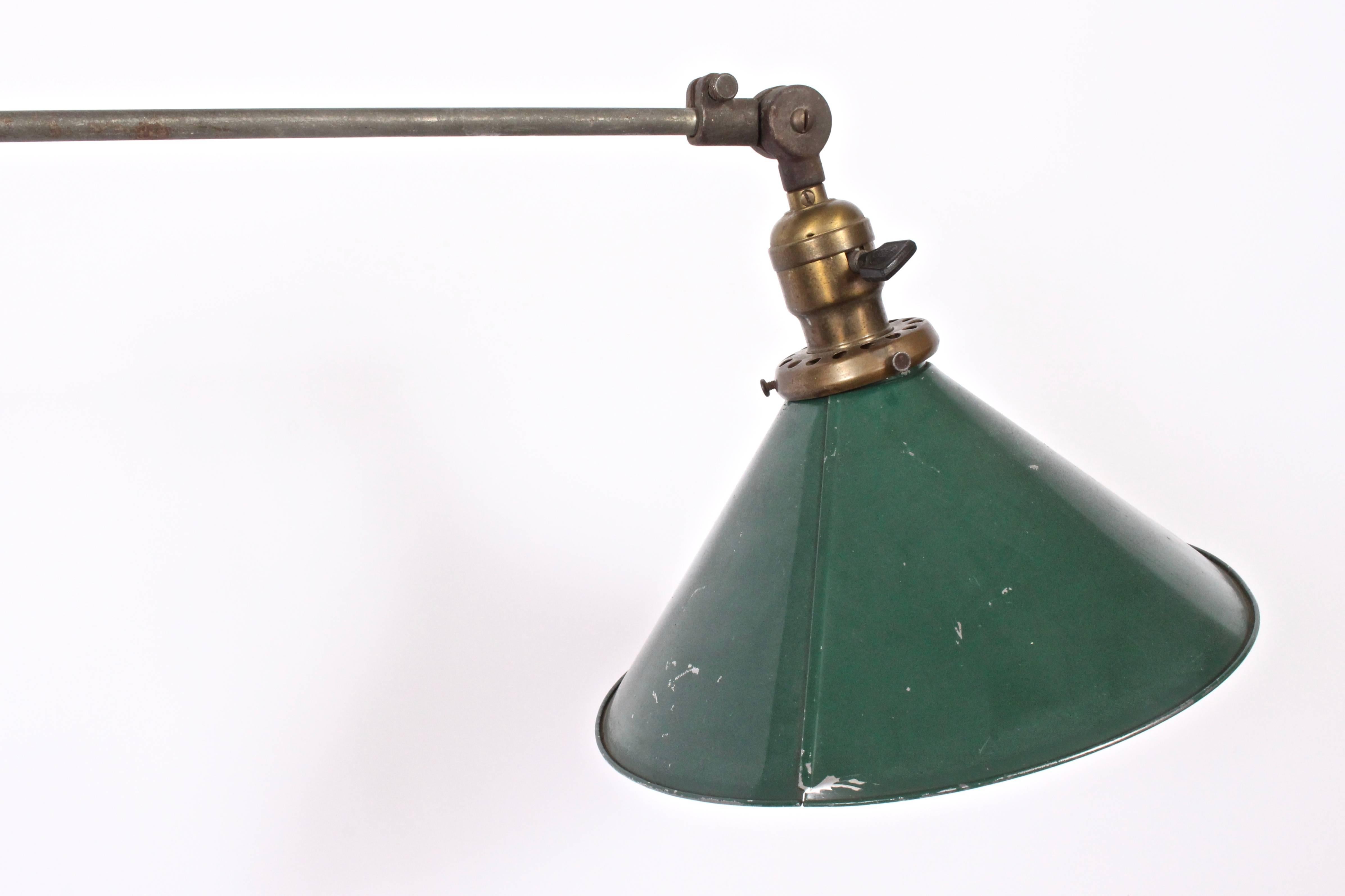 American Dazor Iron Works Articulating Iron Floor Lamp with Green Shade, circa 1920