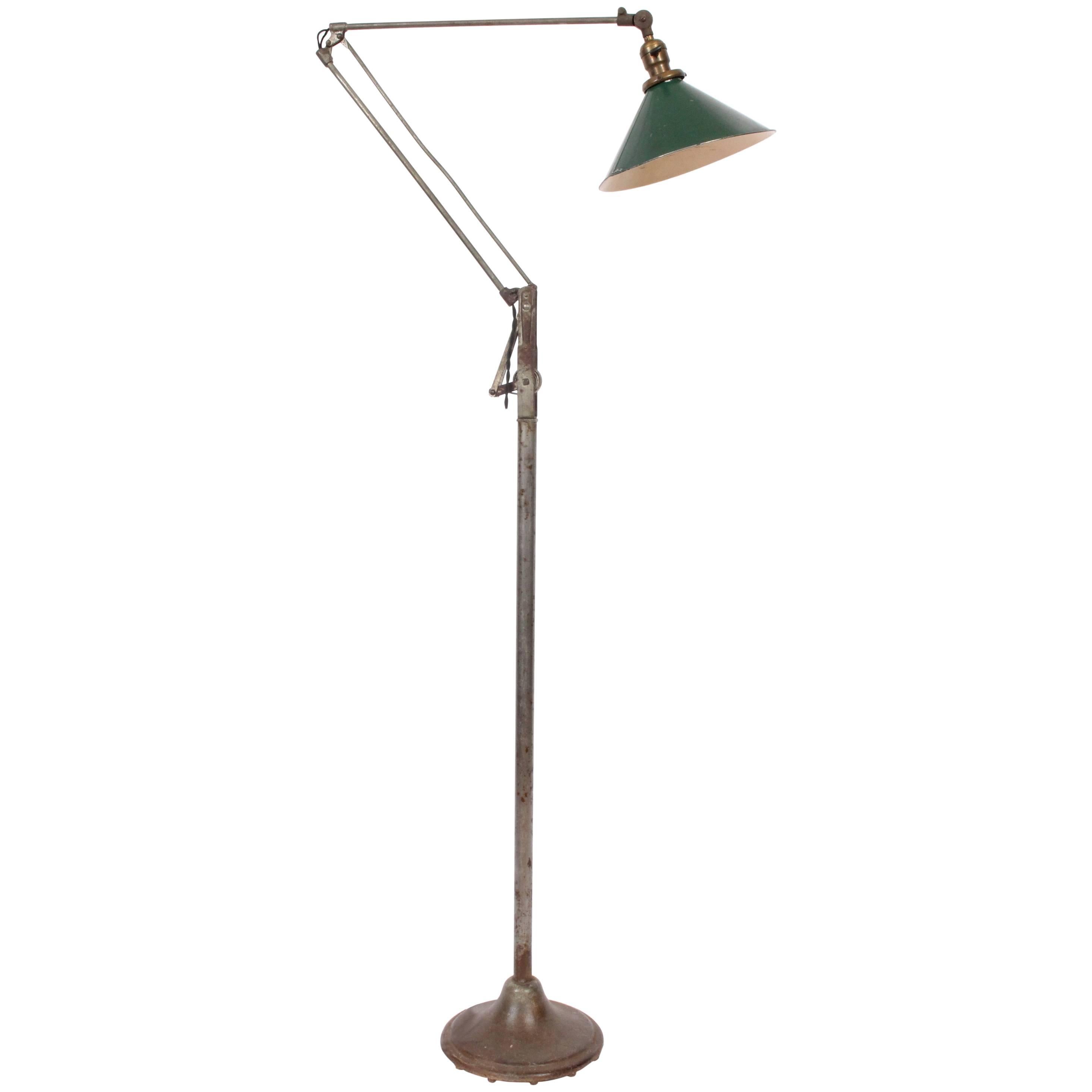 Dazor Iron Works Articulating Iron Floor Lamp with Green Shade, circa 1920