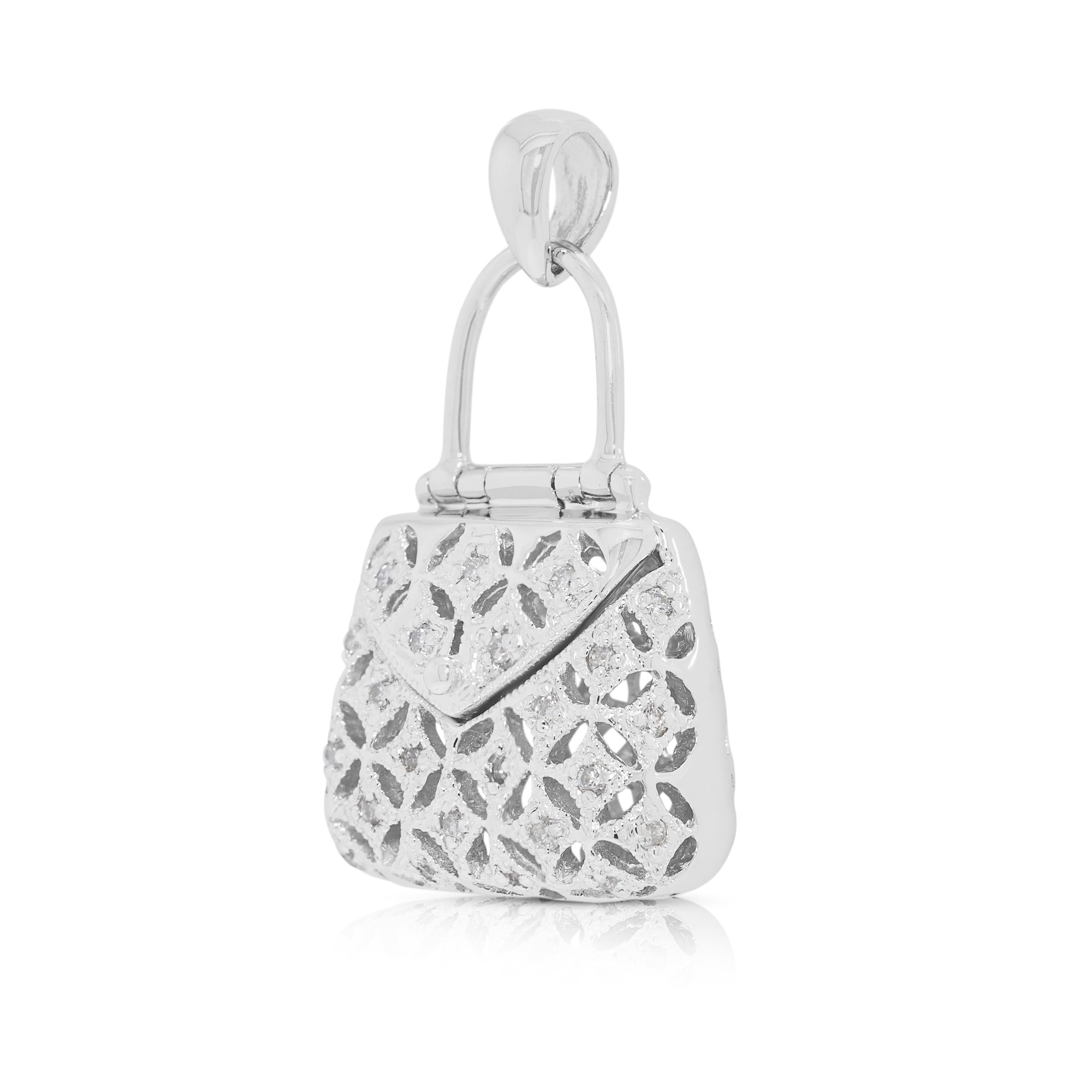 Deslumbrante Bolso Colgante de Diamantes Naturales de 0,13ct en Oro Blanco de 18K Corte redondo en venta