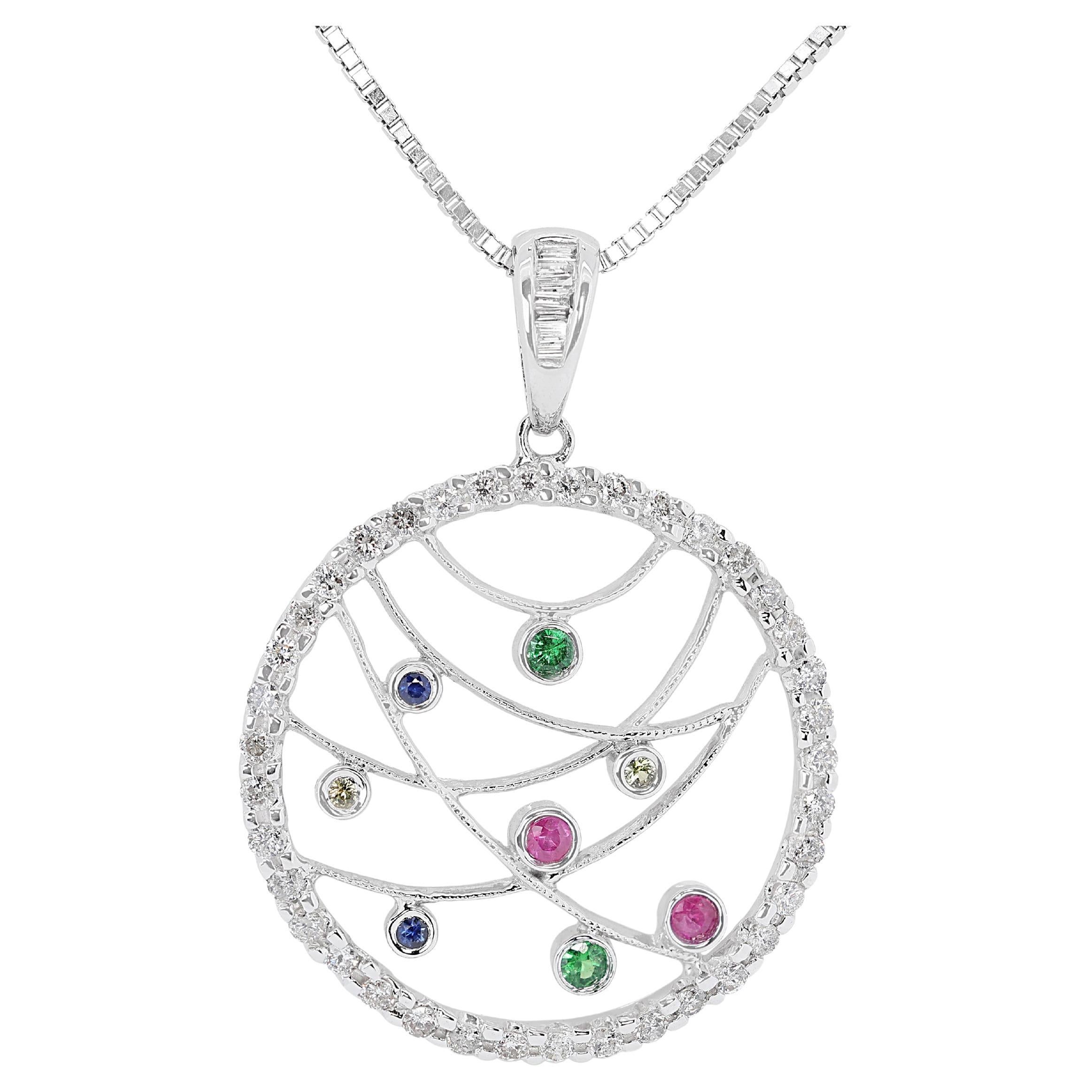 Dazzling 0.62ct Mixed Stones w/ Diamonds in 18K White Gold (Chain Not Included) For Sale