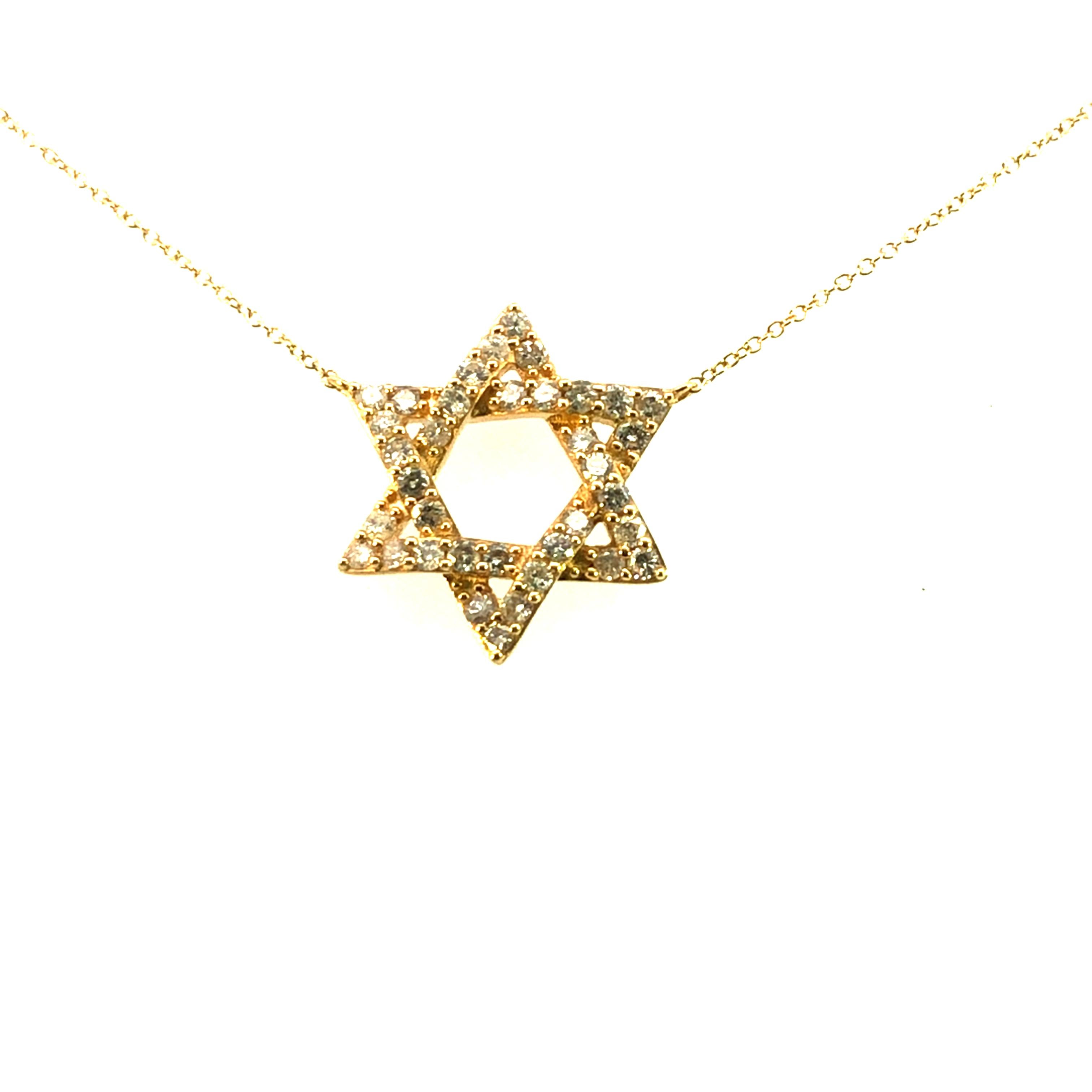 Moderno Abbagliante collana con stella di David da 0,70 carati in oro giallo 14 carati in vendita