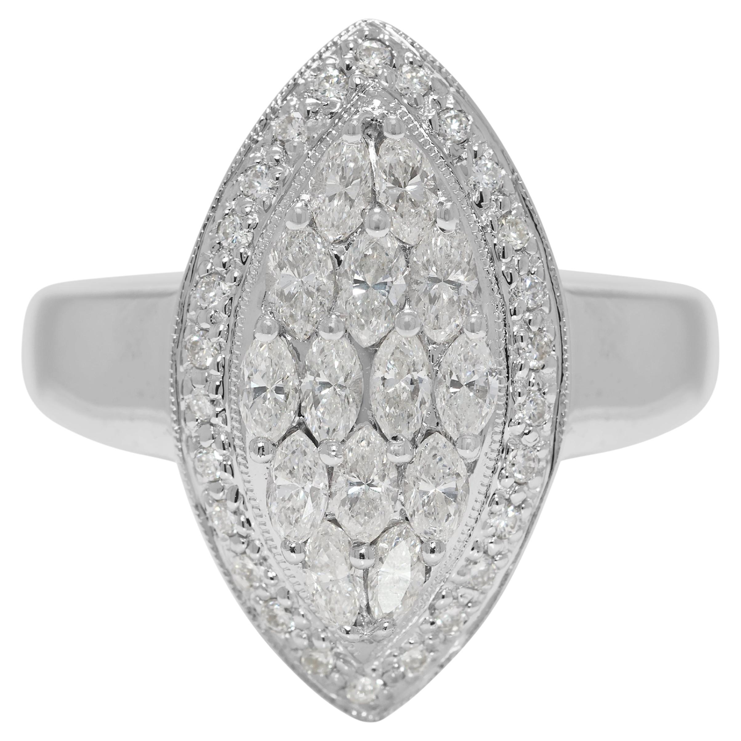 Dazzling 0.70ct Marquise & Round Natural Diamond 18K White Gold Ring