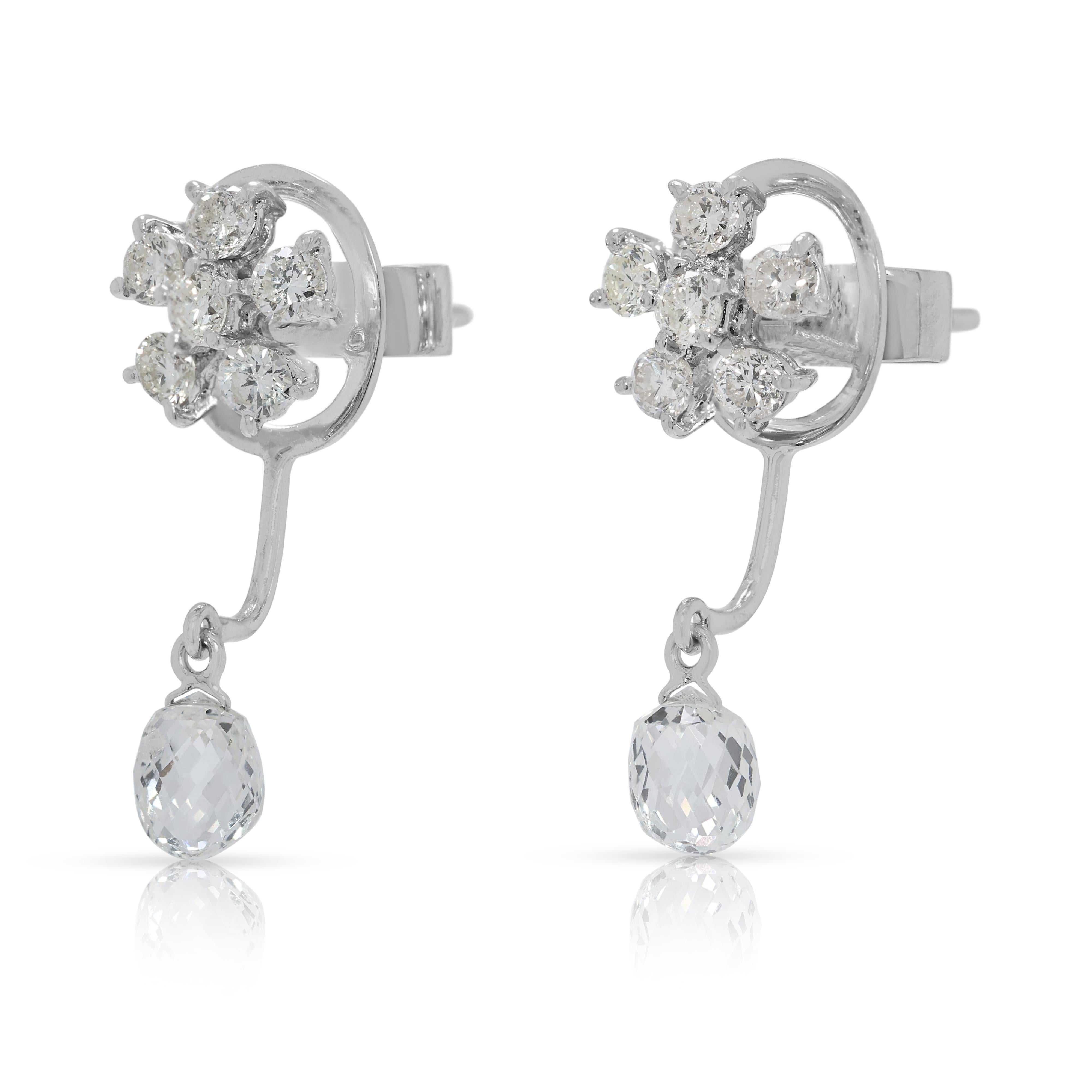 Taille rose Boucles d'oreilles pendantes en or blanc 12 carats avec diamant brillant et taille rose de 0,70 ct. en vente